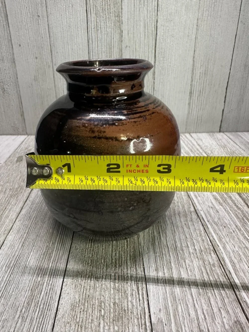 Vtg 4.5 inch Vase Stoneware Pottery Ceramic Dark Brown Galaxy Glaze MCM